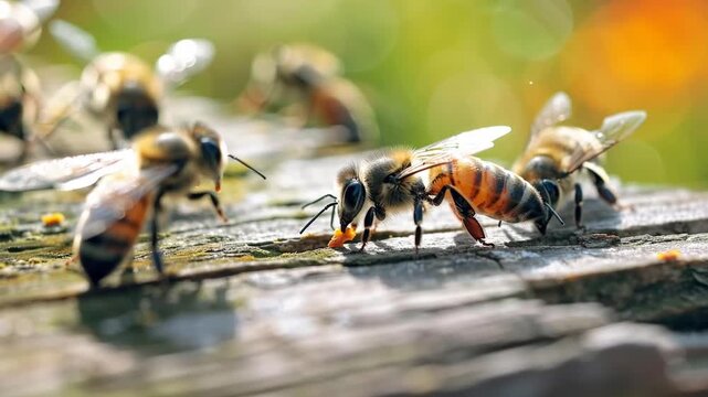 Buzzing Brigade: A close-up shot of several honeybees as they gather and work diligently on a wooden surface, showing intricate details and buzzing with activity. 