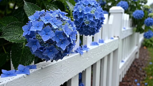Blue Hydrangeas in the Rain - A close-up captures vibrant blue hydrangeas blooming next to a white picket fence during a rainfall, with fallen petals scattered on the fence.