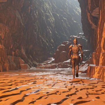 Lone Wanderer in the Canyon: A solitary figure, clad in intricate armor, strides purposefully through a rugged canyon, the ochre landscape offering a dramatic backdrop to their journey. 