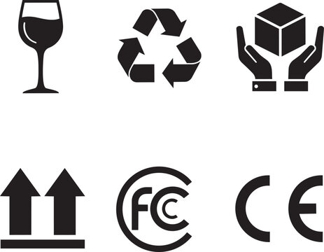 Logos and symbols for wine, recycling, packaging, and safety certifications