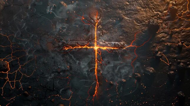 Burning Cross in Stone: A captivating depiction of a cross, meticulously carved into stone, its edges aglow with fiery light, evoking themes of faith, resilience, and transformation.