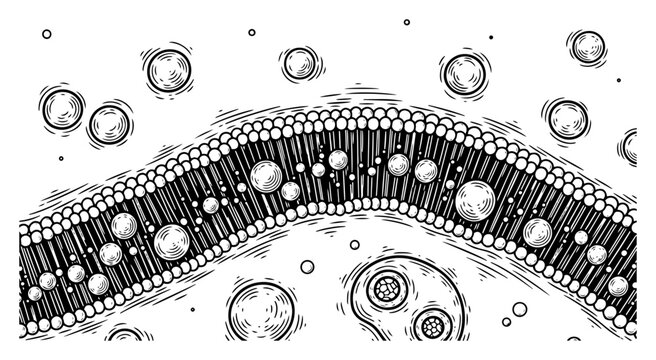 Detailed woodcut engraving of a curved biological cell membrane with surrounding fluid vesicles