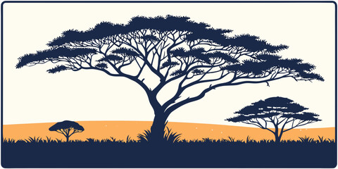 A majestic acacia tree stands tall in the savanna at sunset. © AD