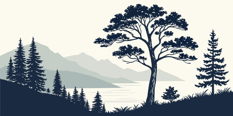 A majestic tree stands tall against a backdrop of distant mountains and a serene sky © AD