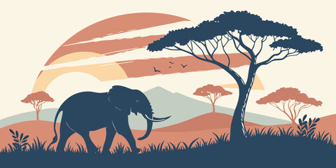 Majestic elephant walking under a vibrant sunset in the heart of the savannah