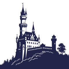 Majestic silhouette of a castle perched on a hill with a towering spire. © AD