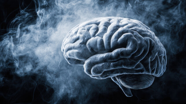 Human brain engulfed in fog - trouble concentrating, cognitive decline concept. Dark background