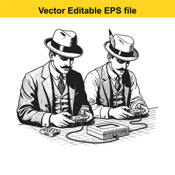 Vintage Men Playing Video Games Illustration - Retro Gamer Scene