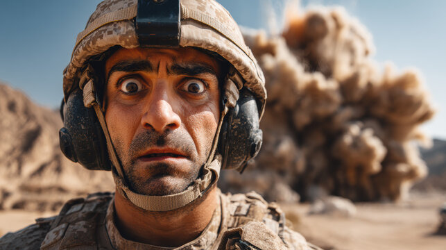 Yelling terrified soldier during shelling, post-traumatic stress disorder concept