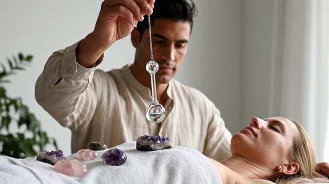 Man performs holistic crystal healing with pendulum on woman