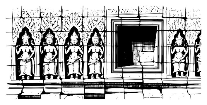 Traditional stone relief carving of Apsara devata figures at an ancient temple wall in Cambodia or Thailand