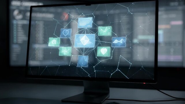 Close medium shot highlighting smart contracts on a computer screen with indie catalog data blurred in the background emphasizing secure rights tracking.
