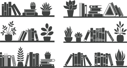 Black silhouette vector illustration of bookshelves, potted plants, decorative items, interior design elements, minimalist home decor, vintage style, organized shelf arrangement ©  Creative Crafter