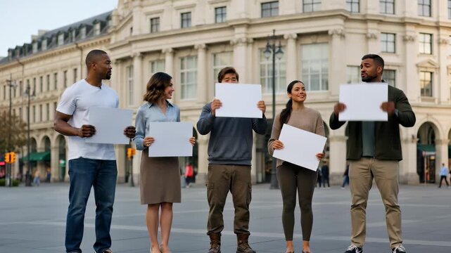 Diverse group of four young adults holding blank protest signs in an outdoor European city square with classical architecture in the background.