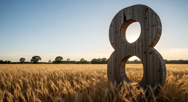 Large wooden sculpture of number eight standing in golden wheat field under clear blue sky during sunset for agricultural landscape and seasonal harvesting