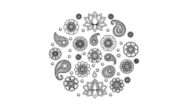 Mehndi floral mandala vector set with Indian henna flower ornaments in outline doodle style