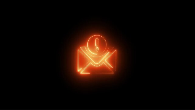 Neon or color message icon animation. Glowing neon inside envelope coin dollar or exclamation mark symbol icon. Glowing neon  icon animation on black background 4k video.