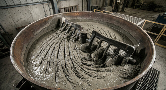 Industrial concrete mixer vat blending heavy mortar and refractory castable materials in a manufacturing plant