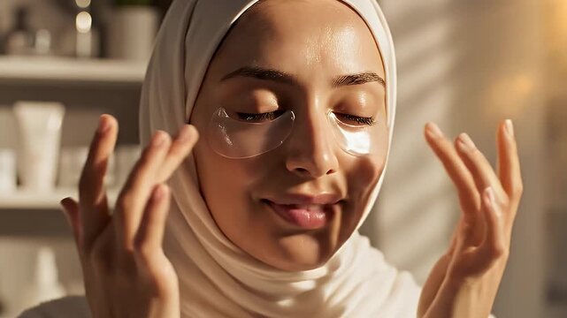 Woman in Hijab Applying Eye Patches - A close-up shot shows a young woman wearing a hijab gently applying transparent hydrogel eye patches to her face as part of her morning skincare routine.