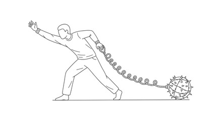 Fototapeta premium A man pulling a wrecking ball with a spring in a minimalist line art illustration