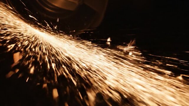 Bright orange sparks fly from a l grinding tool in a dark workshop environment.