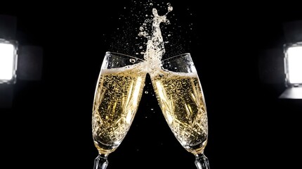 Two crystal champagne flutes clink together resulting in an energetic, sparkling beverage splash against black