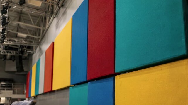 Bright fabric absorbers installation in medium shot showing vibrant color contrast with blurred auditorium roof and lighting fixtures emphasizing sound treatment in progress.
