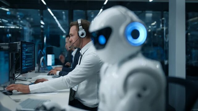 Medium shot of a robotic guard assistant collaborating with human personnel during a security operation emphasizing seamless integration of technology and teamwork