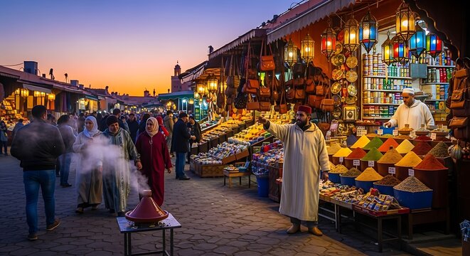 Bustling Moroccan souk market at dusk with spices and goods on display