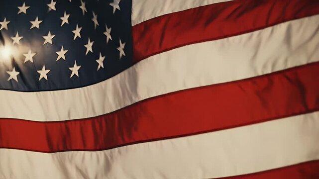 American Flag Waving Close Up - Close-up shot of an American flag waving in the breeze. The entire frame is occupied by the patriotic symbol, showcasing its vibrant red, white, and blue colors.