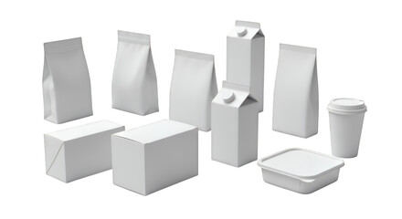 Various white packaging boxes and containers isolated on transparent background