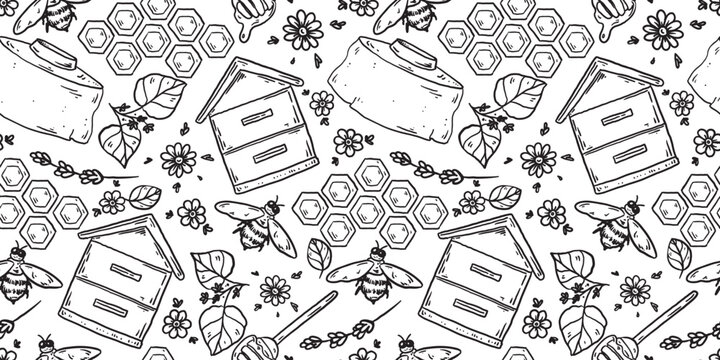 Beekeeping honey seamless pattern. Hand drawn honey sketch. Doodles set. Vector illustration for packaging design. Honeycomb, bee, flowers, jar of honey. Simple sketch style. Minimalist line art.