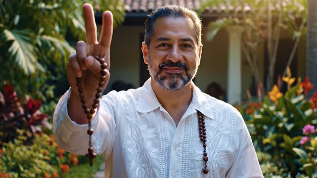 Man Offering Peace Gesture with Rosary - A contemplative Latino man, wearing a traditional guayabera, offers a peace gesture while holding a rosary.