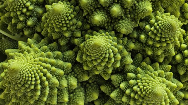 Romanesco broccoli macro, natural fractal pattern of spiraling green cones, fibonacci texture