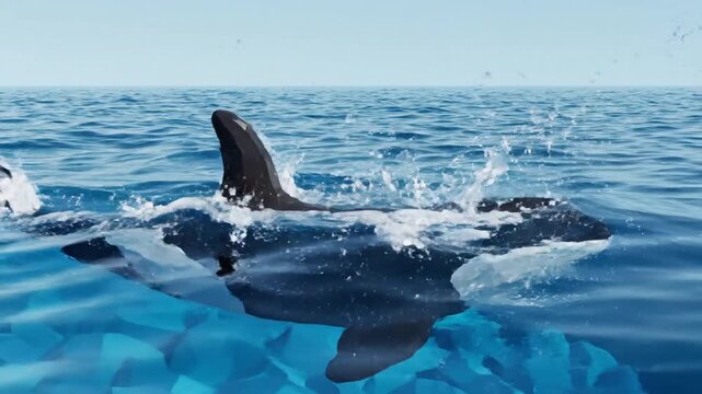 Low poly orca swimming underwater near geometric ice formations