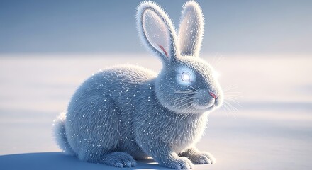 Fluffy white rabbit covered in snow, sitting in a winter landscape