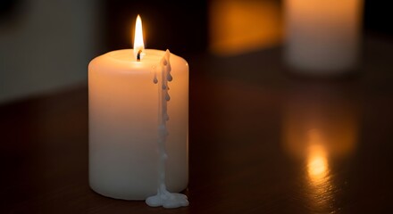 Close-up of a white pillar candle burning with melted wax dripping, creating a warm, atmospheric glow on a dark wooden surface.