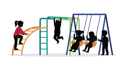 Children playing on a playground with swings, monkey bars, and climbing ladder © StockStudio