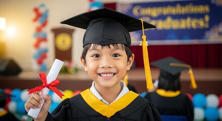 Happy young Asian boy in graduation cap and gown holding diploma, celebrating achievement at school ceremony