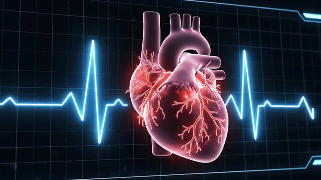 Beating Human Heart with EKG Waveform - A digitally created video of a beating human heart is displayed alongside a glowing blue EKG waveform. The waveform indicates the heart's electrical activity.