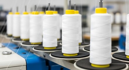 Row of White Thread Spools with Yellow Caps on Industrial Sewing Machine