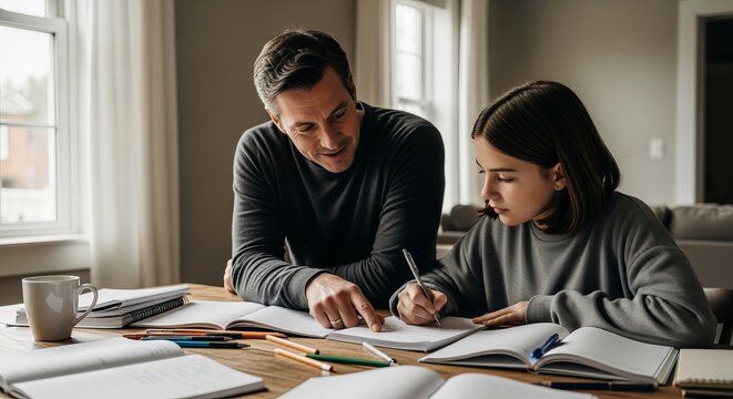 Father Helping His Teenage Daughter with Her Homework and Study Materials at a Cozy Wooden Table
