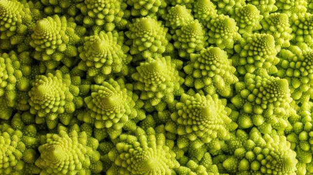 Romanesco broccoli macro, natural fractal pattern of spiraling green cones, fibonacci texture