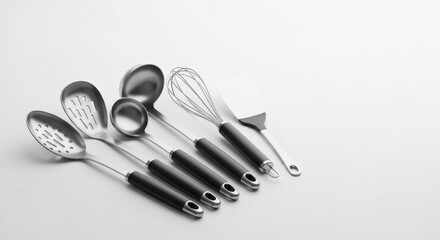 An artful composition of pristine kitchen tools, including a slotted spoon, ladle, whisk, and turner, arranged on a surface.