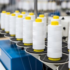 Industrial Sewing Machine with Multiple White Thread Spools Lined Up