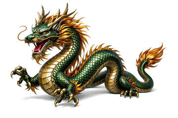 Detailed green and gold Chinese dragon statue with intricate scales and majestic pose on white