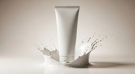 Blank white cosmetic tube splashing into liquid, symbolizing skincare, beauty products, or creamy textures