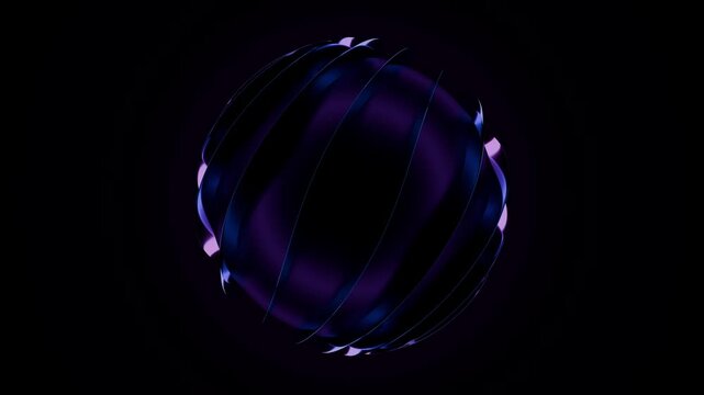Abstract glossy purple and blue glass sphere with reflective wavy bands floating on dark background. Seamless loop animation of curvy elements wrap around the orb in science fiction style. 4K 60fps