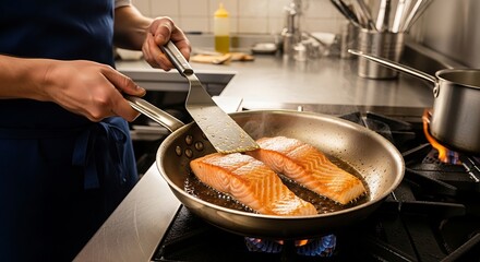 Chef cooking fresh salmon fillets in a hot pan on a gas stove, professional kitchen preparation, close-up