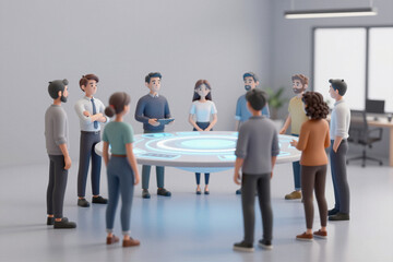 Obraz premium Business Team Meeting Around Futuristic Digital Table 